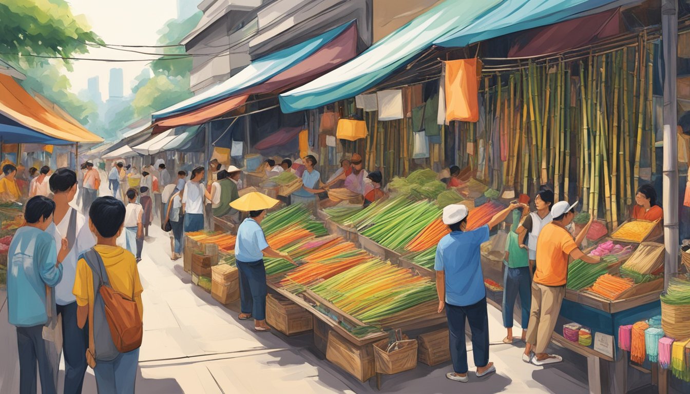 A hand reaches for a bamboo pole in a bustling Singapore market. Bright colors and bustling activity surround the vendor's stall