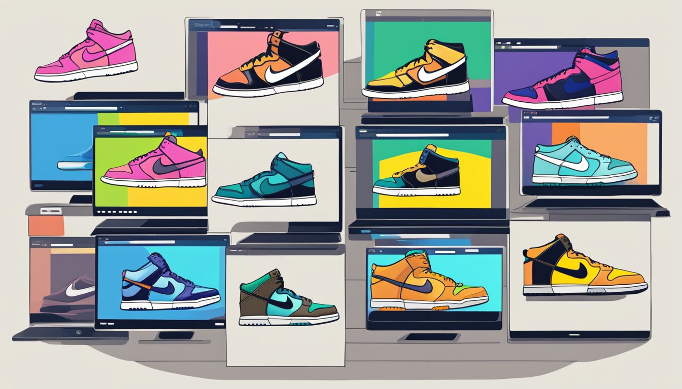 A computer screen displaying a variety of Nike Dunks in different colors and sizes, with a "Buy Now" button prominently featured