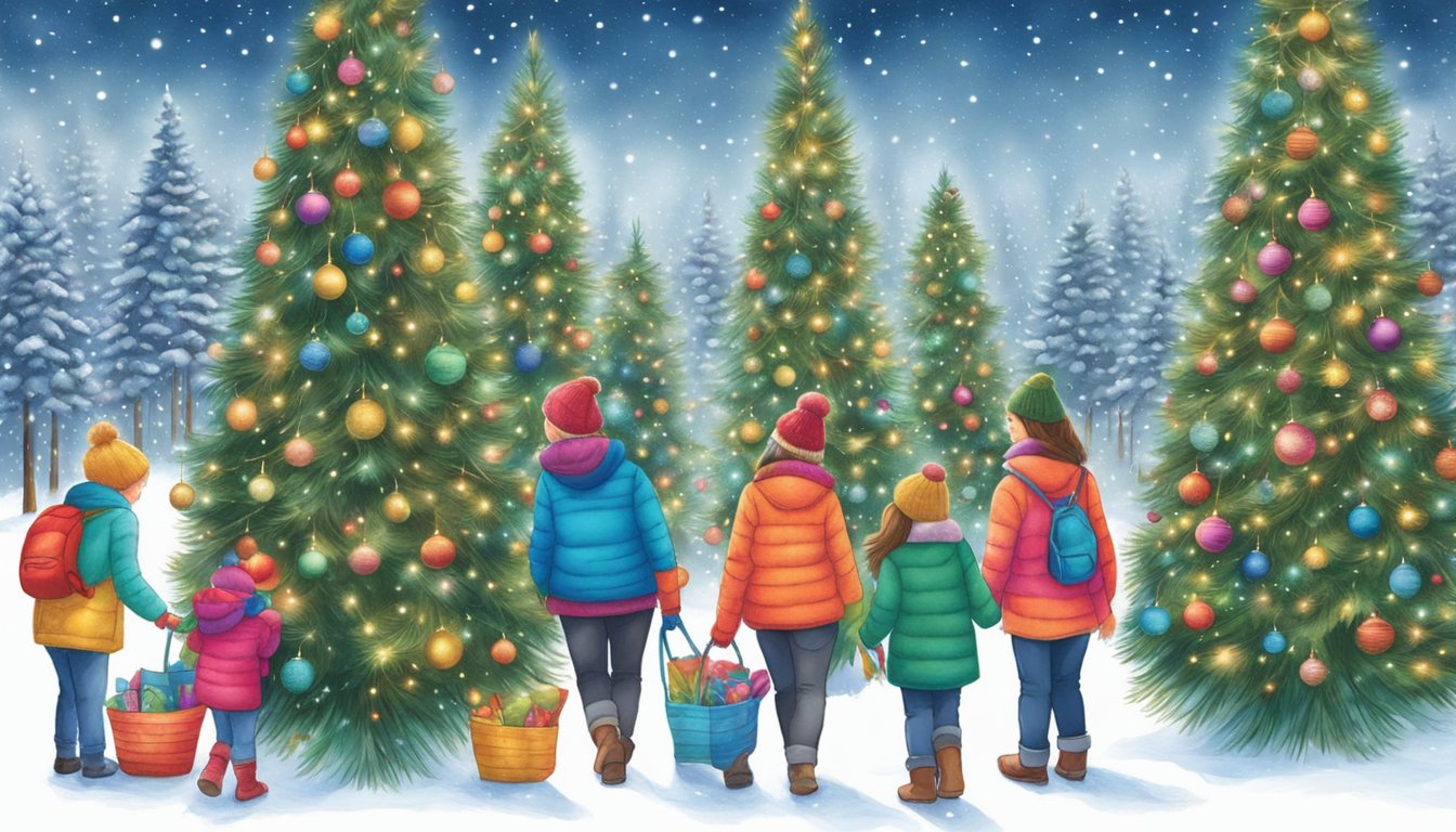 Families browse rows of vibrant Christmas trees, adorned with twinkling lights and colorful ornaments, as they search for the perfect one to bring home