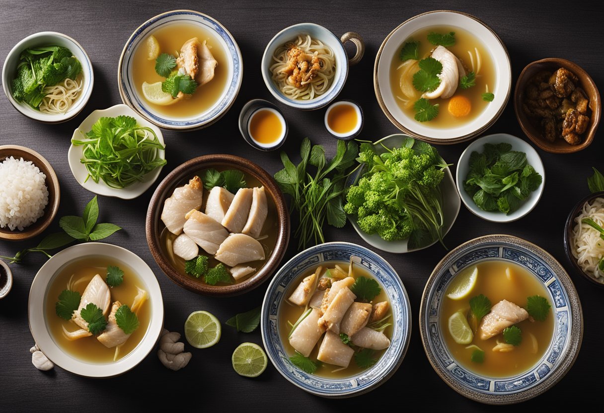 A table filled with traditional Chinese postpartum dishes, including ginger chicken soup and steamed fish with herbs
