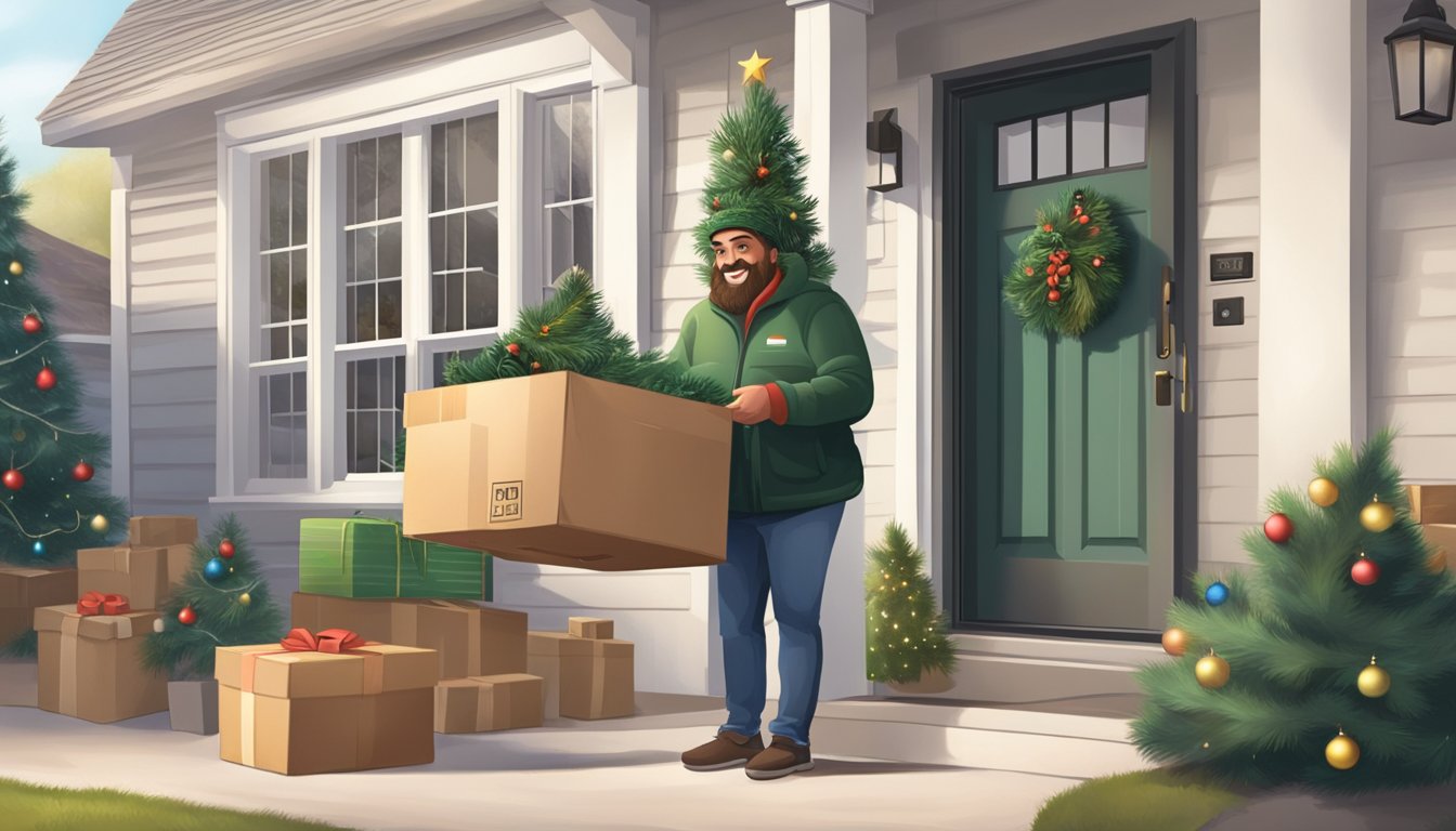 A delivery truck pulls up to a house, dropping off a neatly packaged Christmas tree ordered online. The front door opens, and a person eagerly accepts the delivery with a smile