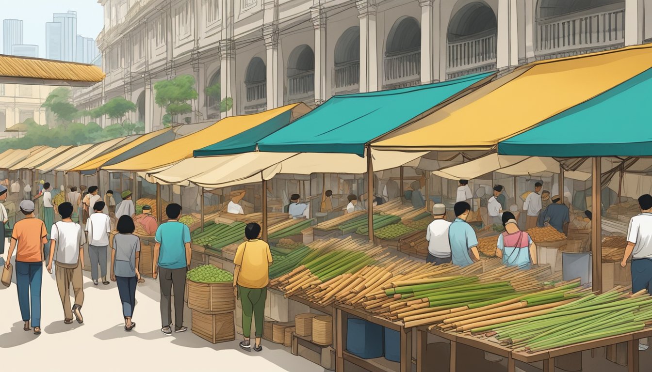 A bustling outdoor market in Singapore, with vendors displaying various lengths and diameters of bamboo poles. Customers haggle and inspect the quality of the poles before making their purchases