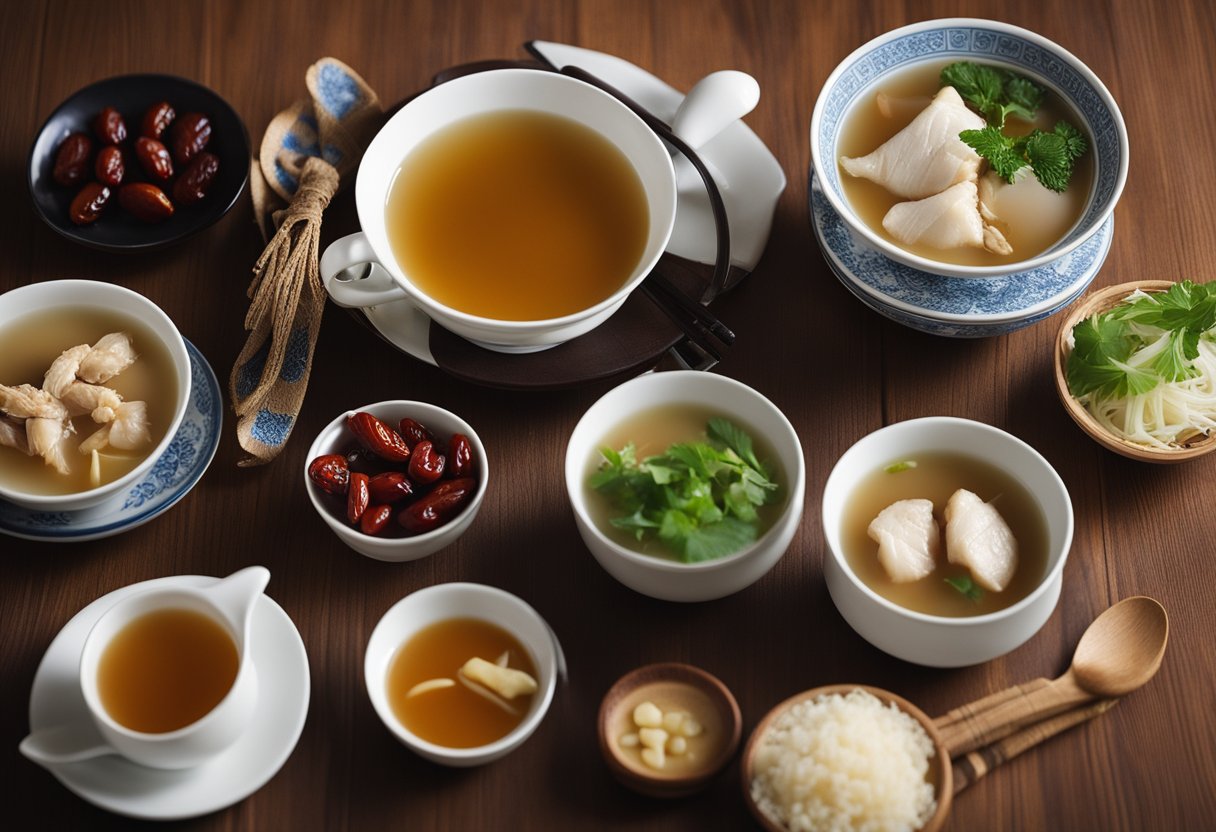 A table set with traditional Chinese postpartum confinement food, including ginger chicken soup and red date tea