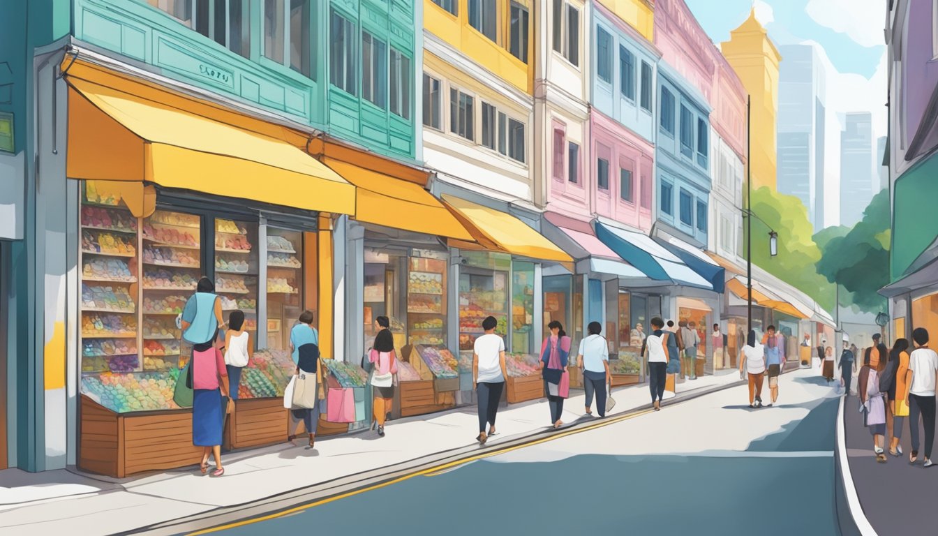 A bustling street in Singapore with colorful storefronts, showcasing a variety of white shoes on display. Pedestrians walk by, admiring the selection
