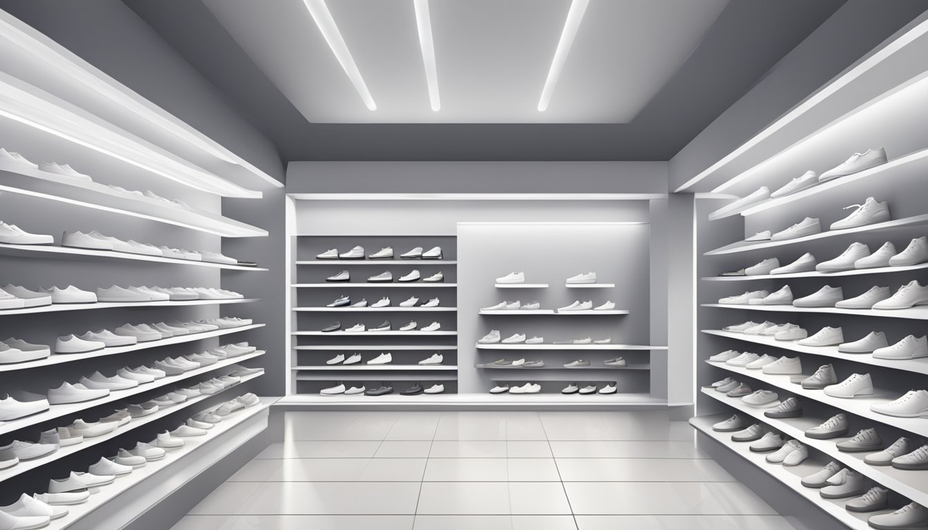 A display of white shoes in a well-lit store with a variety of styles and sizes, neatly arranged on shelves and racks
