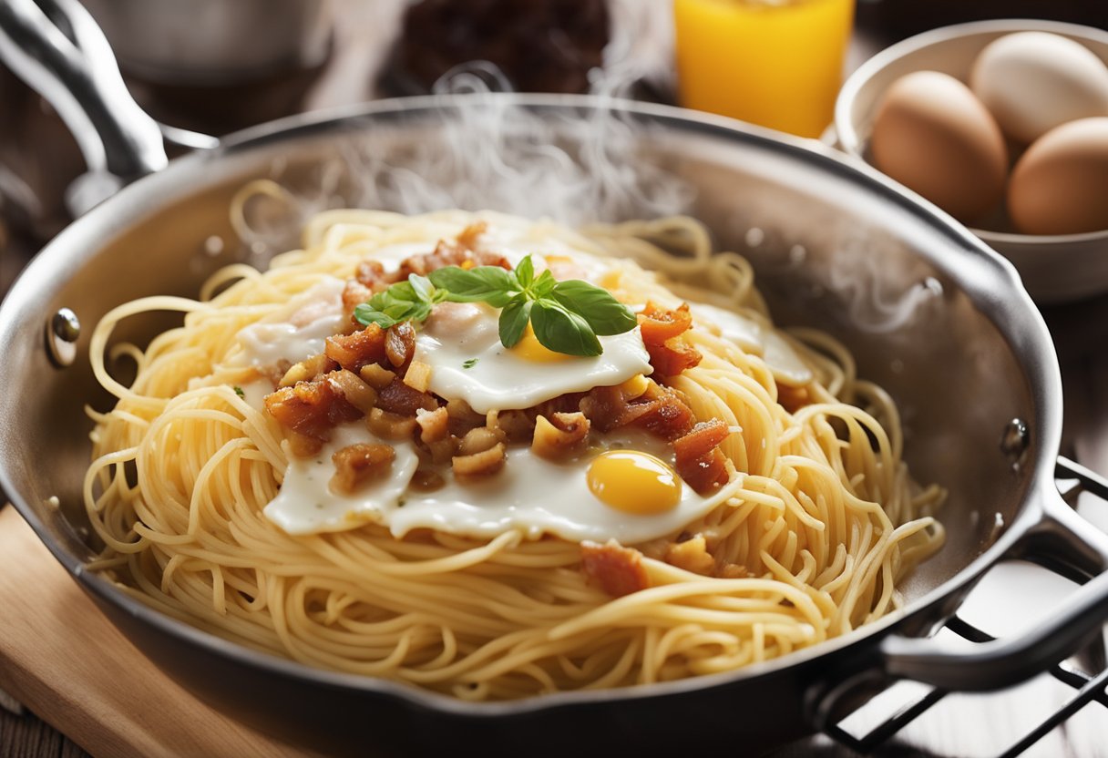 A pot of boiling water, a pan sizzling with pancetta, eggs and cheese being whisked, and a bowl of cooked spaghetti ready to be tossed in the creamy sauce