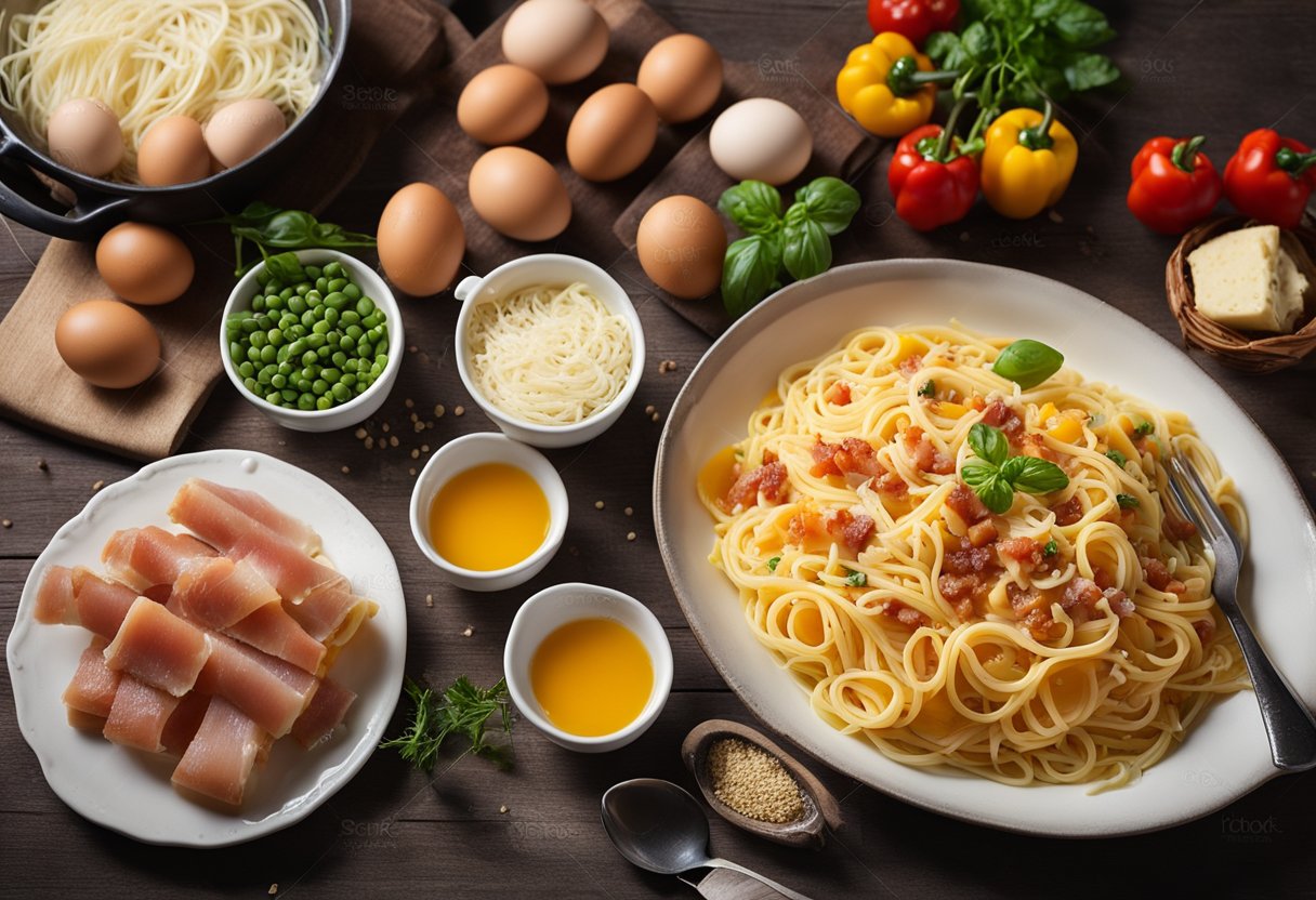 A table with ingredients: eggs, pancetta, spaghetti, pepper, and cheese. A pot of boiling water and a skillet for cooking