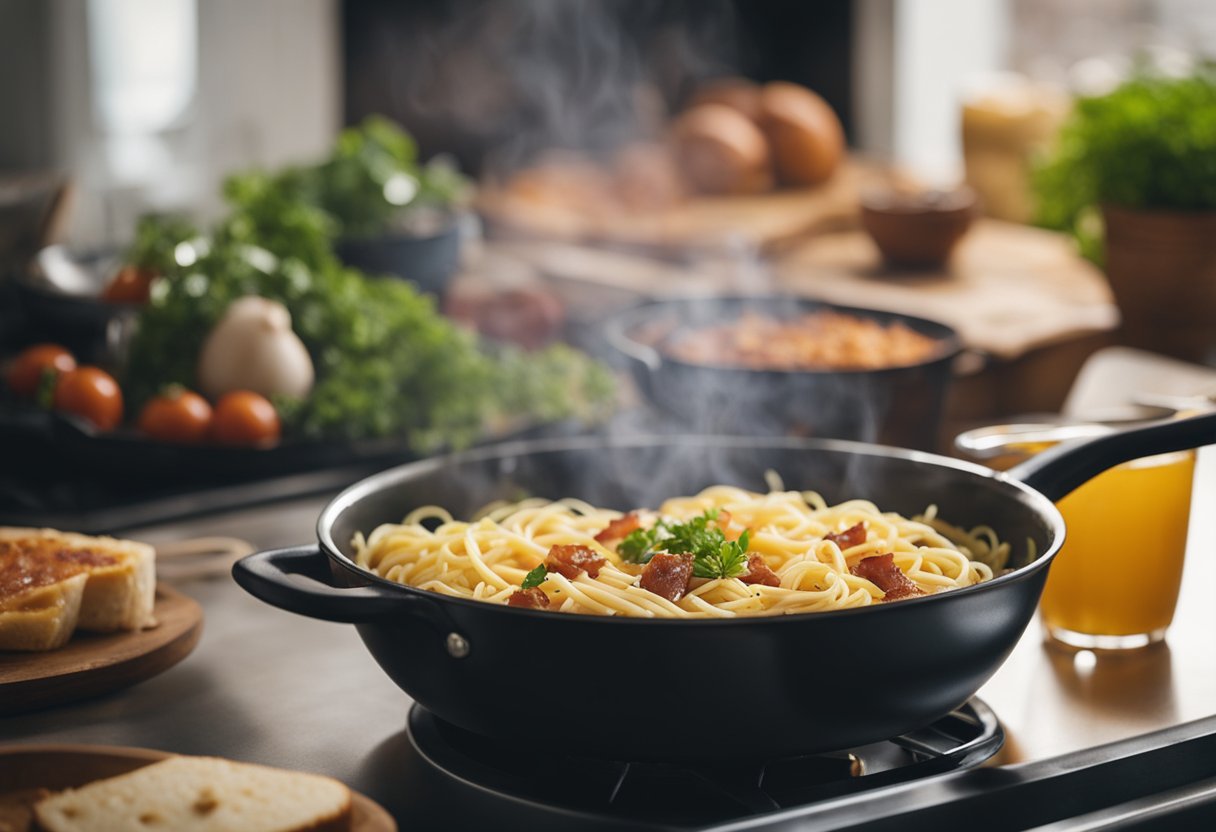 A pan sizzles with bacon and garlic. Spaghetti boils in a pot. Eggs and cheese sit on the counter