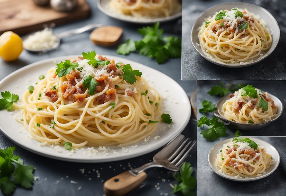 A steaming plate of spaghetti carbonara with creamy sauce and crispy pancetta, garnished with freshly grated Parmesan and chopped parsley