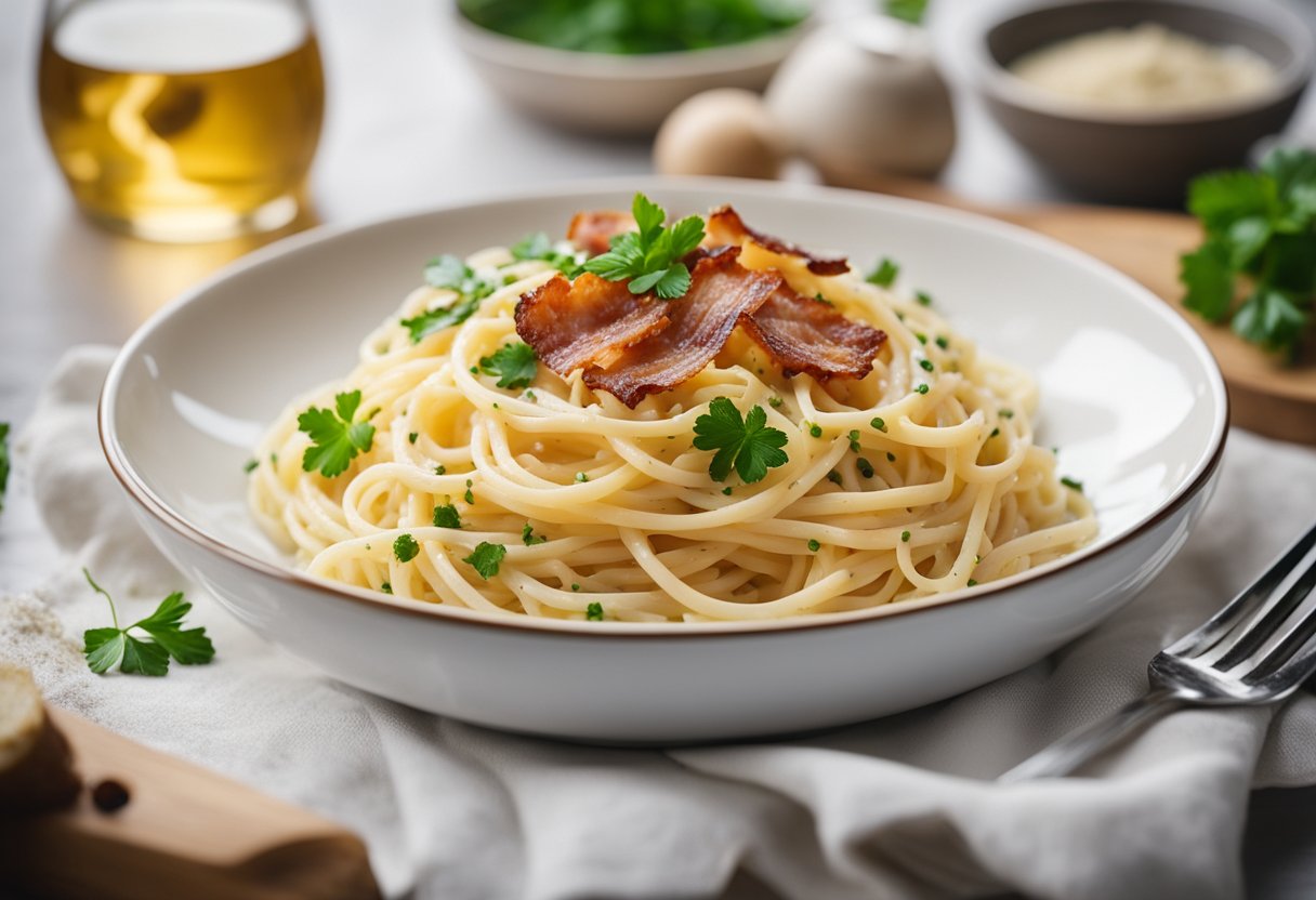 A steaming plate of spaghetti carbonara with crispy bacon, creamy sauce, and a sprinkle of fresh parsley on a white ceramic dish