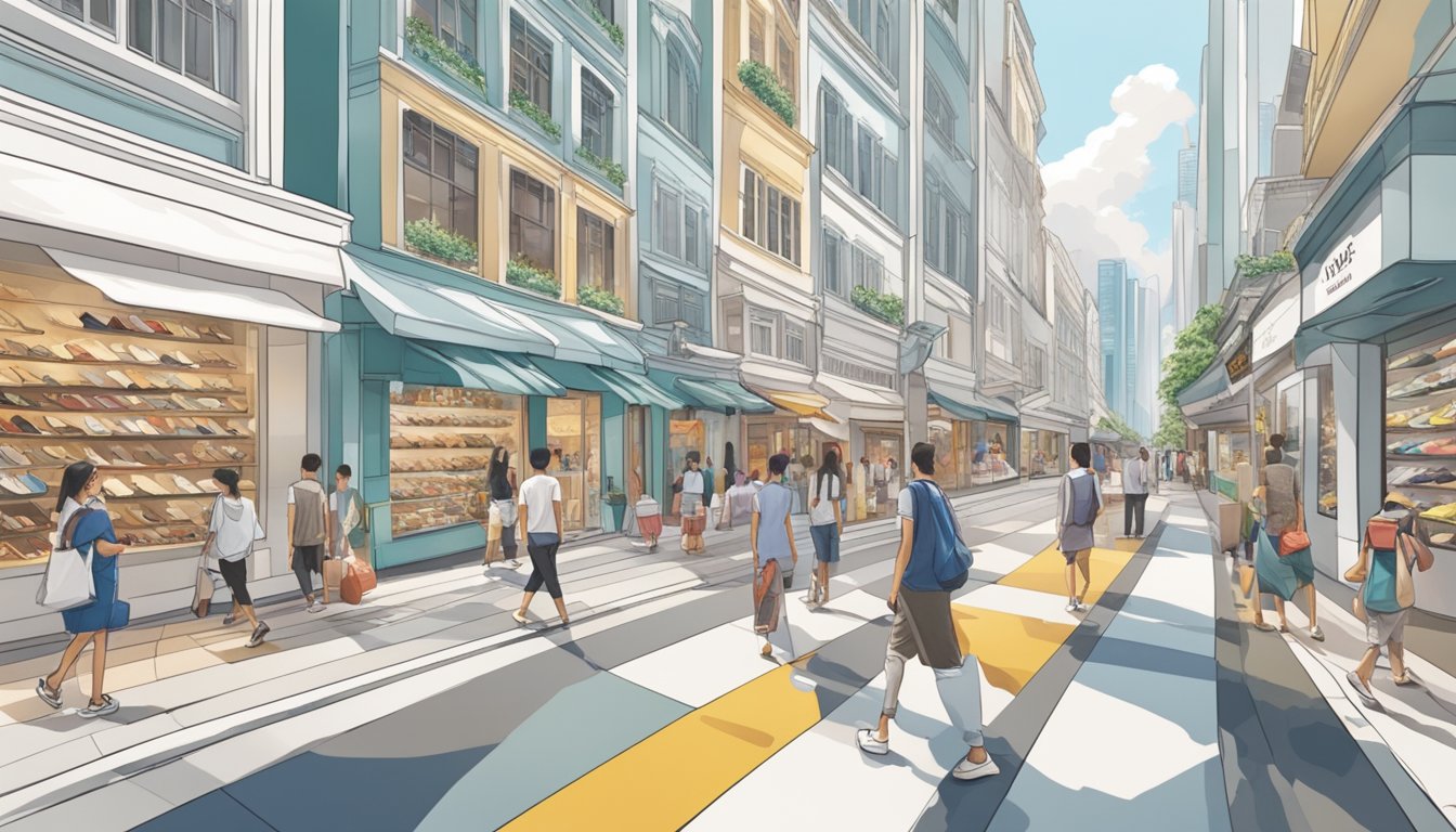 A bustling street in Singapore with rows of shoe stores displaying various styles of white shoes in their windows