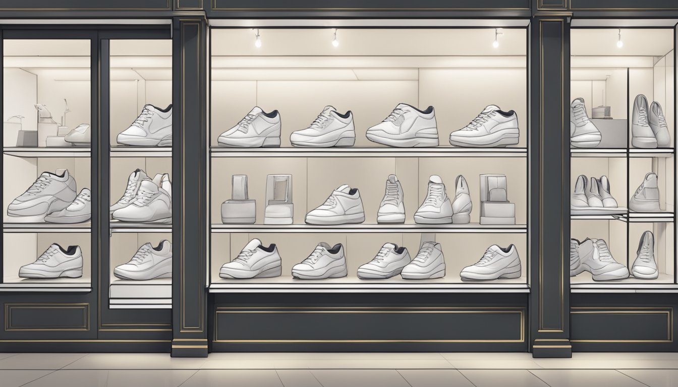 A shoe store in Singapore with shelves of white shoes, a display window with mannequins wearing white shoes, and a sign reading "Frequently Asked Questions: Where to buy white shoes in Singapore."