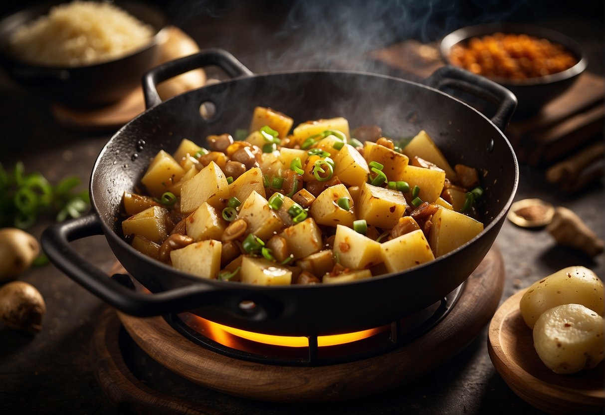 A wok sizzles with diced potatoes, onions, and spices in a fragrant curry sauce, emitting a mouthwatering aroma