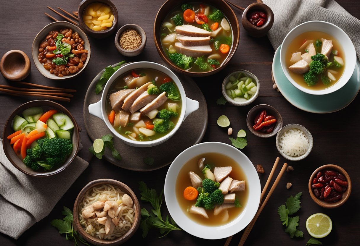 A table set with steaming bowls of ginger chicken soup, braised pork belly, and stir-fried vegetables. Red dates and goji berries add pops of color to the dishes