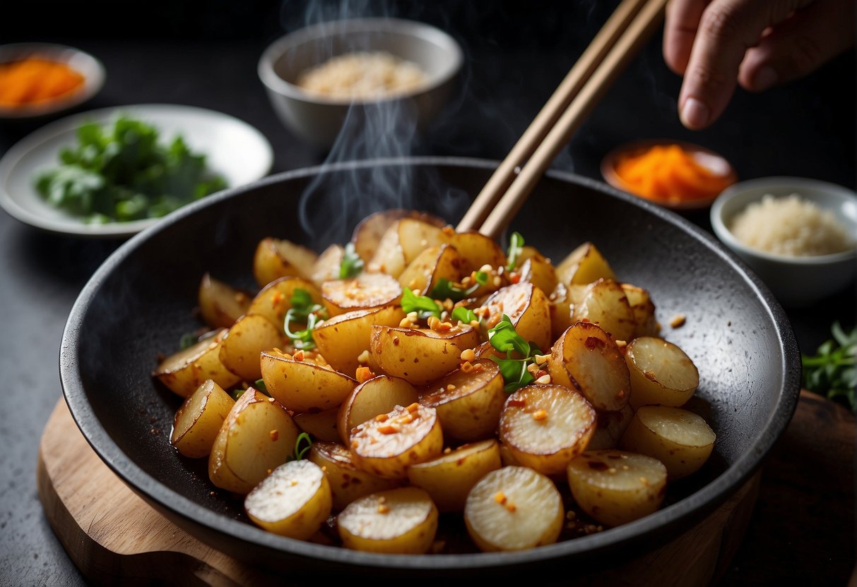 A wok sizzles as sliced Chinese potatoes fry with garlic and ginger. Soy sauce and spices add flavor