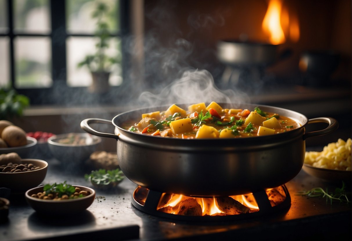 A steaming pot of Chinese potato curry simmering on a stovetop, surrounded by vibrant spices and fresh herbs