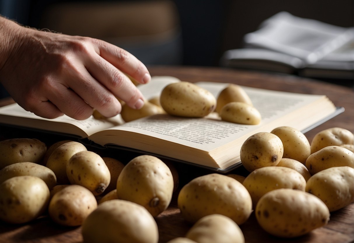 A hand reaching for a pile of potatoes, with various types and sizes on display. A recipe book open to a page titled "Choosing the Right Potatoes" sits nearby