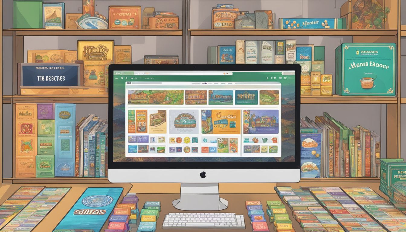A computer screen displaying a variety of board games available for purchase. An open browser with tabs showing different online board game retailers