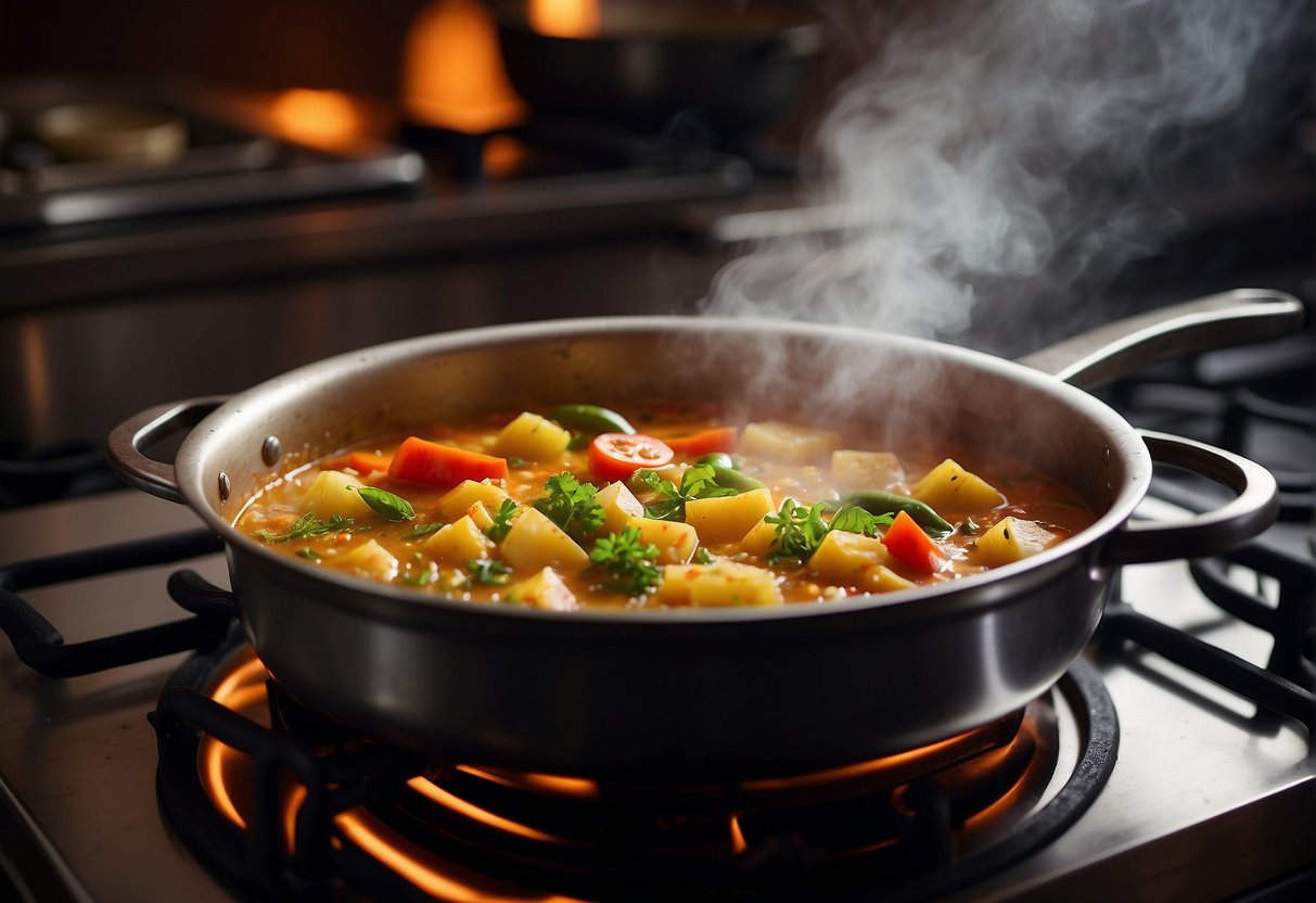A steaming pot of Chinese potato curry simmers on a stove, filled with vibrant vegetables and aromatic spices. Steam rises, filling the kitchen with a tantalizing aroma