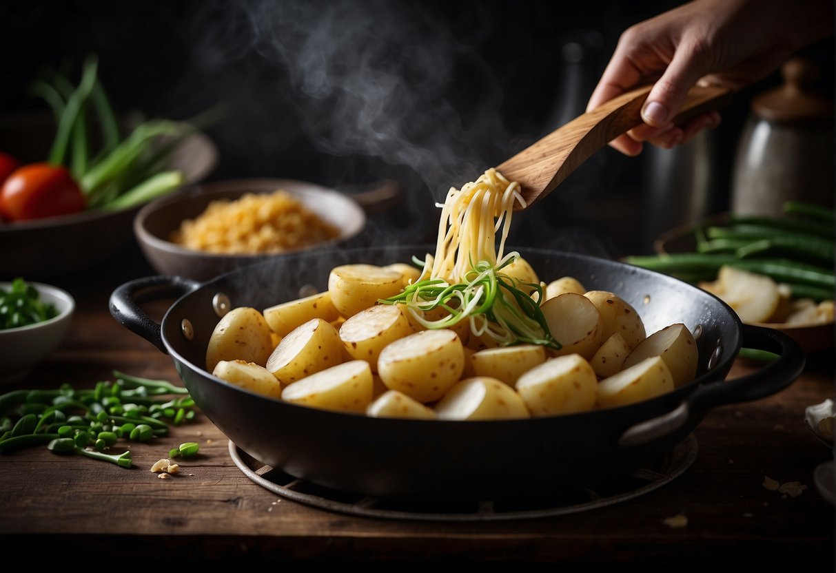 Potatoes being sliced and stir-fried in a wok with garlic, ginger, and scallions. Soy sauce and spices added for flavor