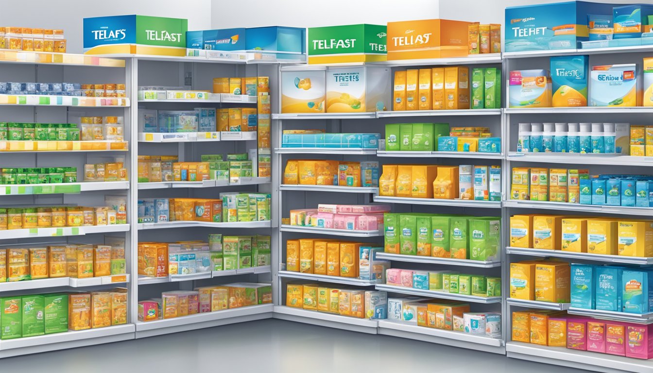 A brightly lit pharmacy shelf displays boxes of Telfast in Singapore. The colorful packaging stands out against the white background