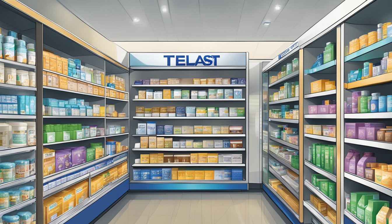 A pharmacy shelf displays Telfast boxes in Singapore