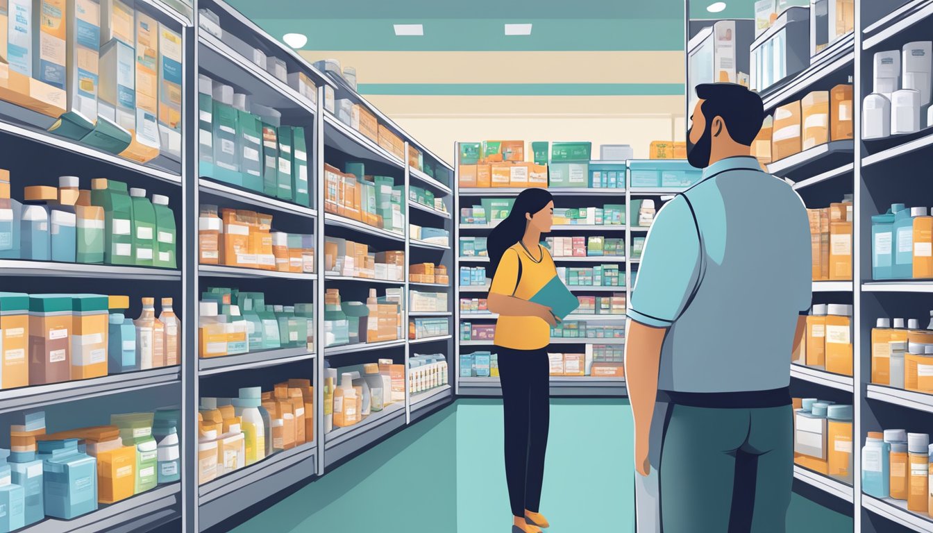 A customer browsing through various pharmacy shelves, looking at different boxes of Telfast allergy medication, with a pharmacist nearby for assistance