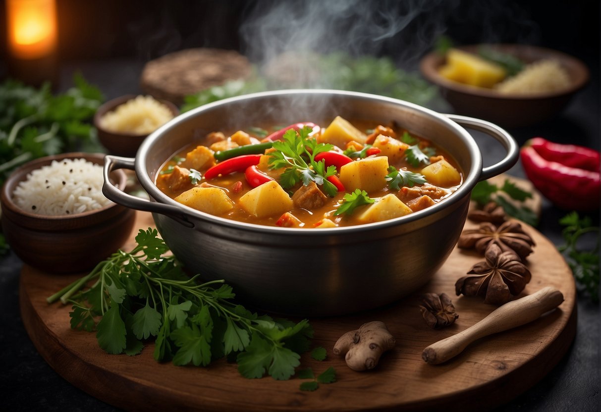A steaming pot of Chinese potato curry surrounded by vibrant spices and herbs, with a stack of recipe cards nearby