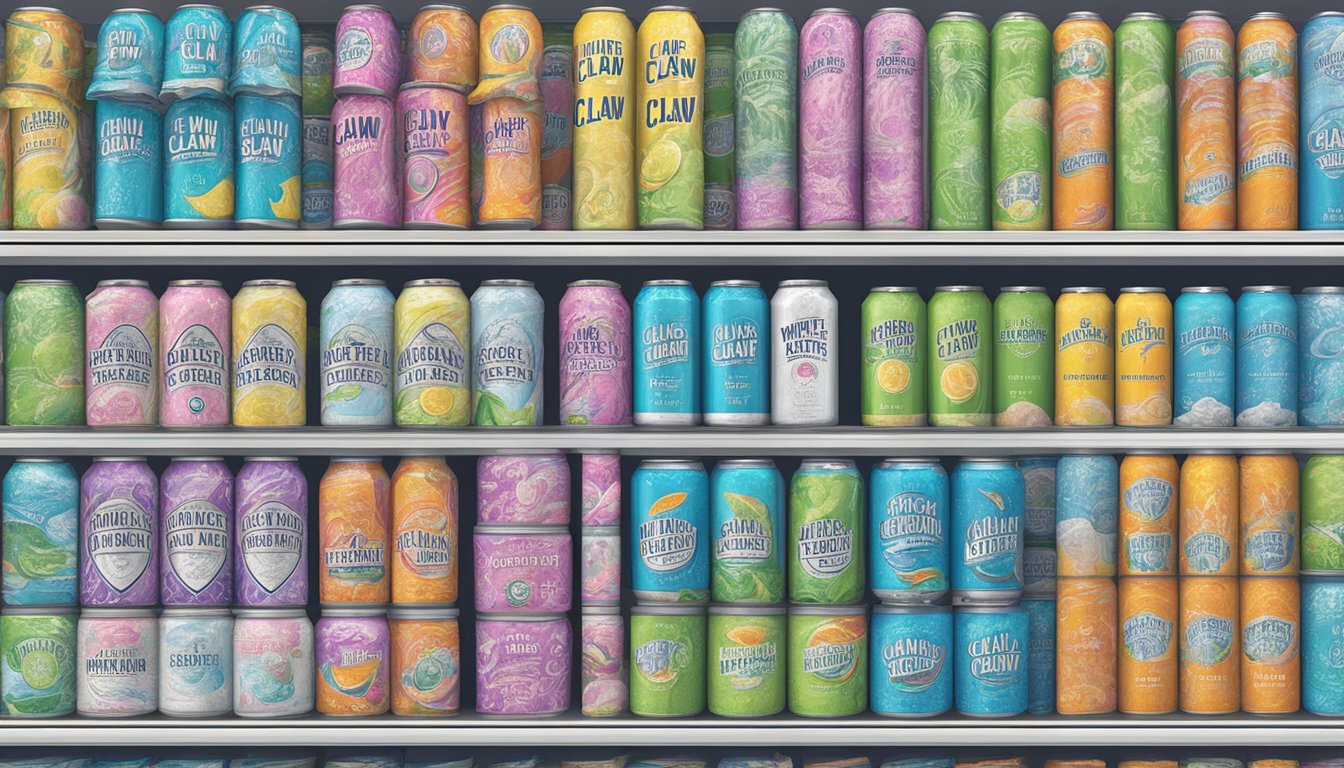 A store shelf stocked with various flavors of White Claw hard seltzer cans, with a sign indicating "White Claw available for purchase" in a Singaporean convenience store