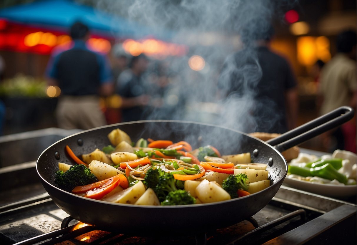A steaming wok sizzles with stir-fried Chinese potato slices, tossed with garlic, ginger, and soy sauce. A medley of vibrant vegetables waits to be added for a burst of color and flavor