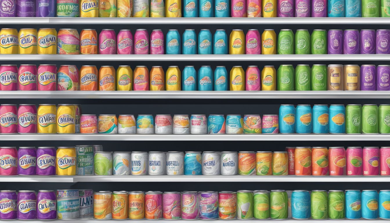 A store shelf filled with rows of colorful White Claw cans in a Singaporean grocery store