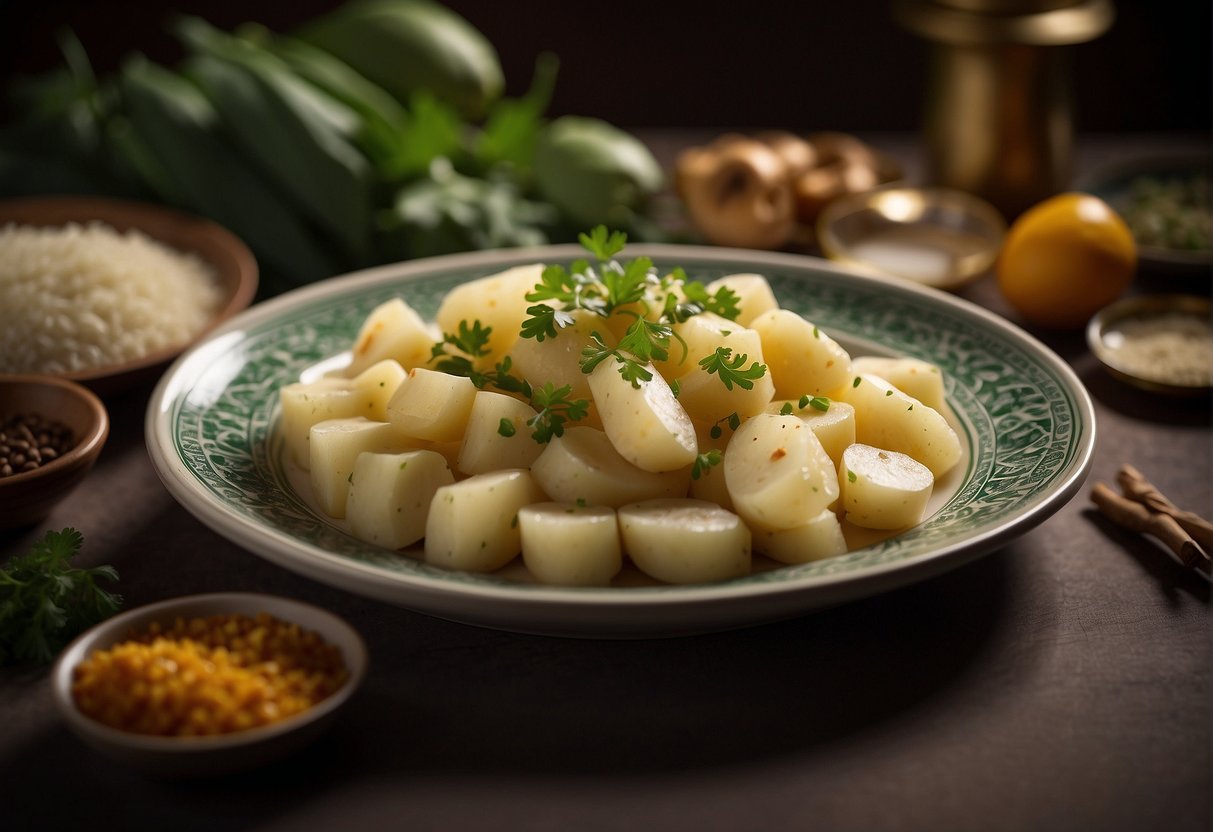A plate of Chinese potato recipe is elegantly arranged with garnishes and served on a decorative platter