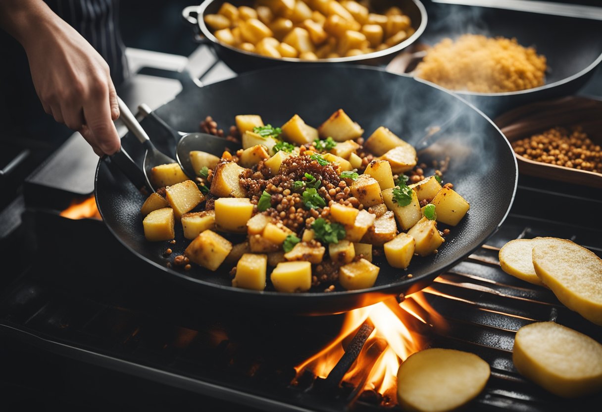 A wok sizzles with diced potatoes, ginger, and spices, as a chef adds soy sauce and chili flakes