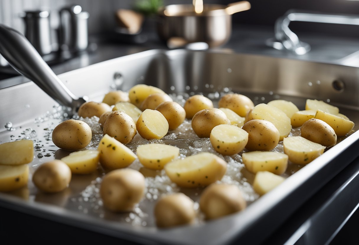 Potatoes being washed, peeled, and diced. Spices and herbs laid out on a countertop. A pot of boiling water on the stove