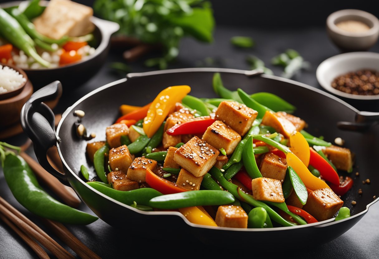 A wok sizzles with stir-fried tofu, colorful bell peppers, and snow peas in a fragrant Chinese kitchen. A chef sprinkles sesame seeds and green onions on the dish