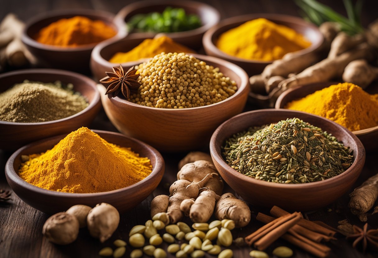 A colorful array of spices and seasonings, including cumin, turmeric, and ginger, are scattered around a bowl of Chinese potato and Indian flavors
