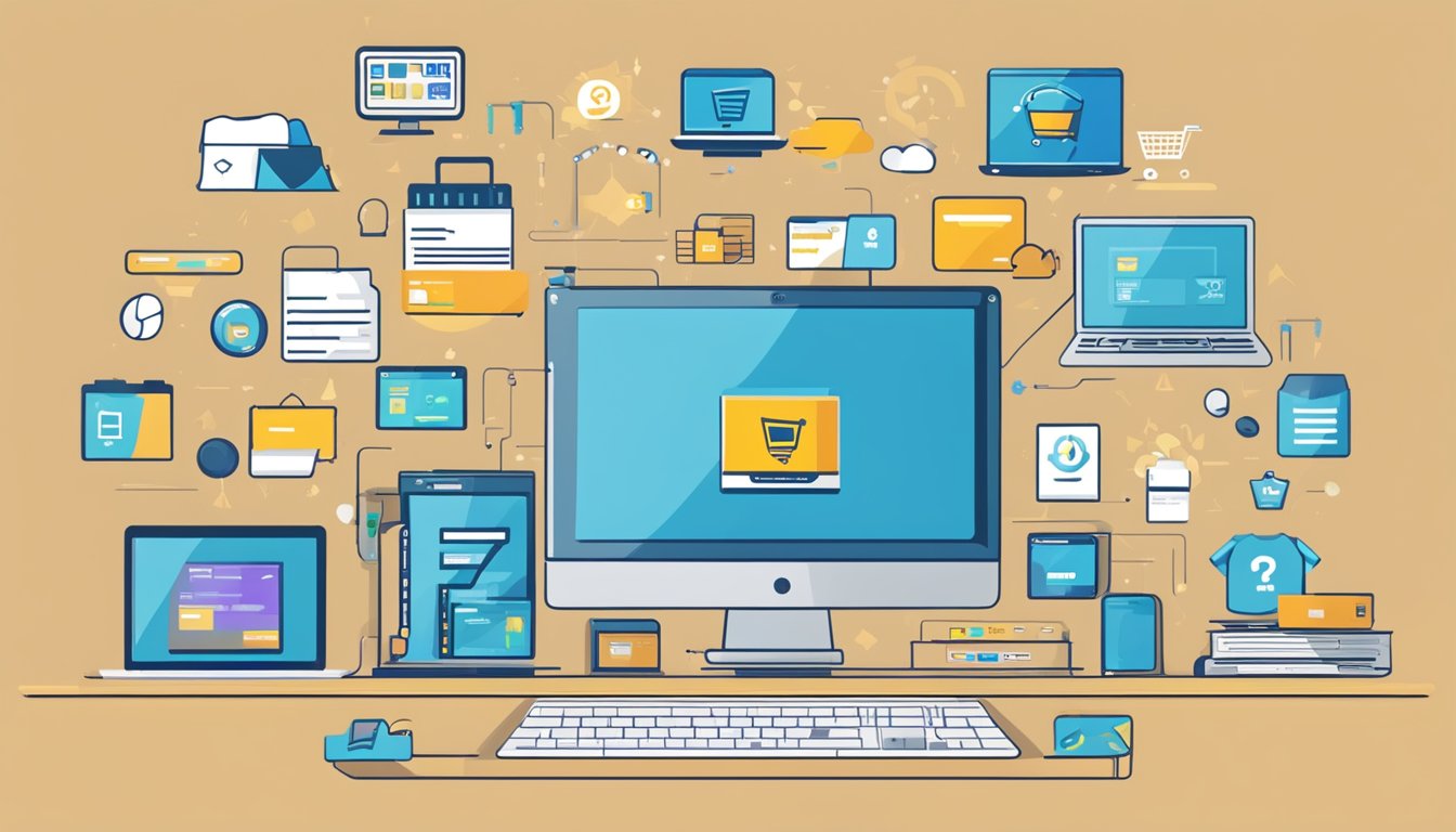 A computer sitting on a desk with a laptop, mouse, and keyboard, surrounded by icons of online shopping websites like Amazon, Best Buy, and Newegg