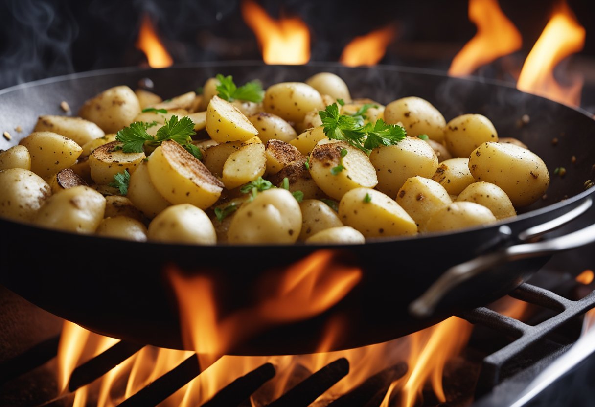 Potatoes sizzle in a hot wok, stir-fried with aromatic Indian spices and Chinese cooking techniques. Steam rises as the ingredients blend together in the sizzling pan
