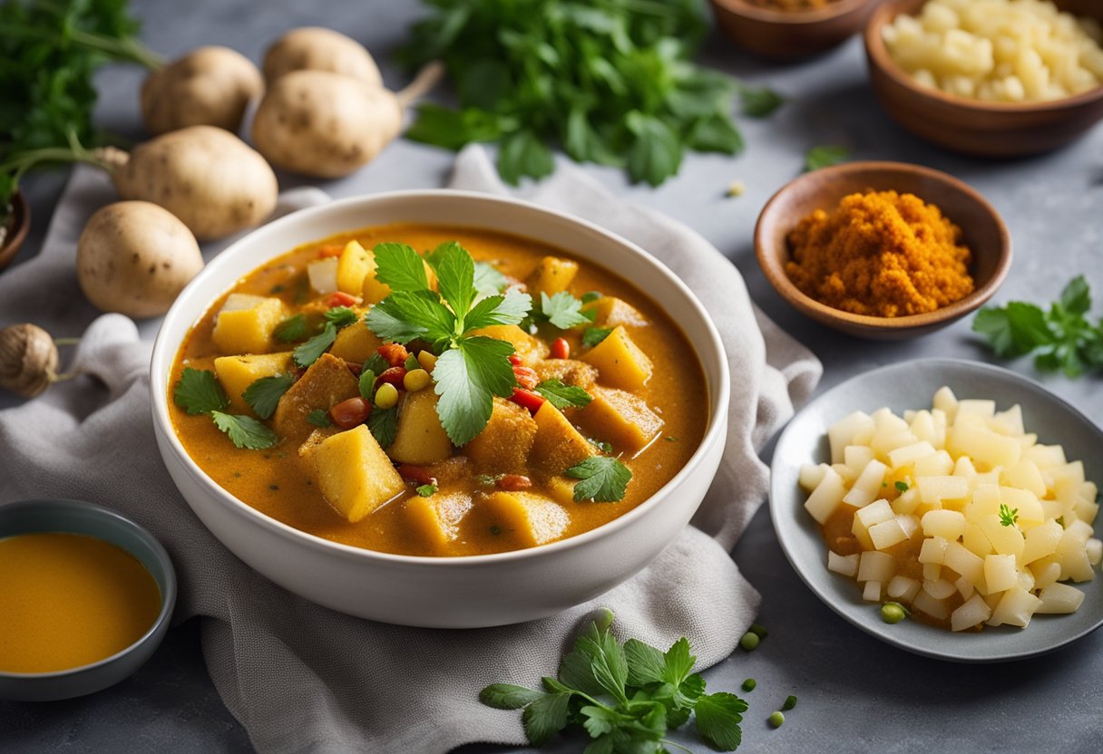 Vibrant spices and fresh herbs are delicately sprinkled over a steaming bowl of Chinese potato curry, adding the final touches to the colorful and aromatic dish