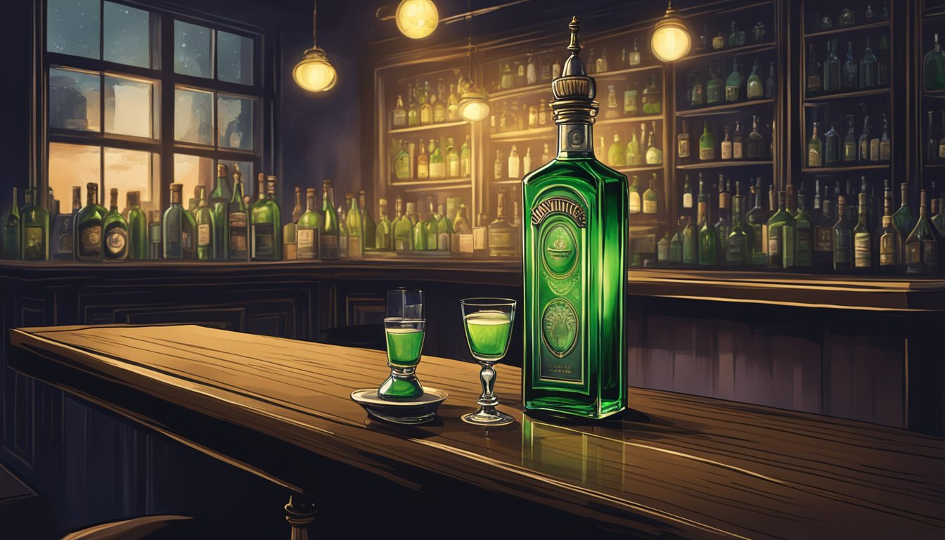 A bottle of absinthe sits on a polished bar in Singapore, surrounded by dimly lit ambiance and a hint of mystery