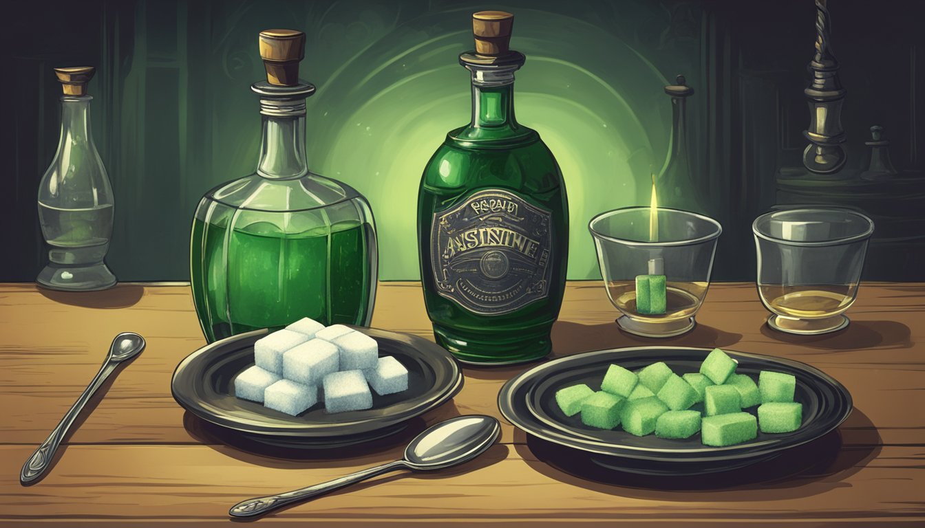 A table set with a bottle of absinthe, sugar cubes, and a slotted spoon. The room is dimly lit, with a vintage, mysterious ambiance