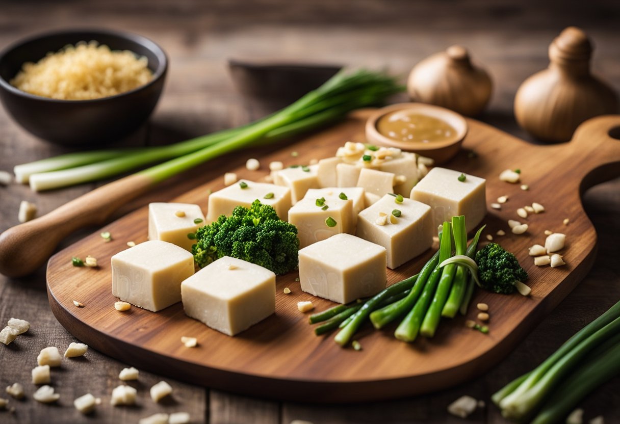 A wooden cutting board with tofu, soy sauce, ginger, garlic, scallions, and sesame oil for Chinese tofu recipes