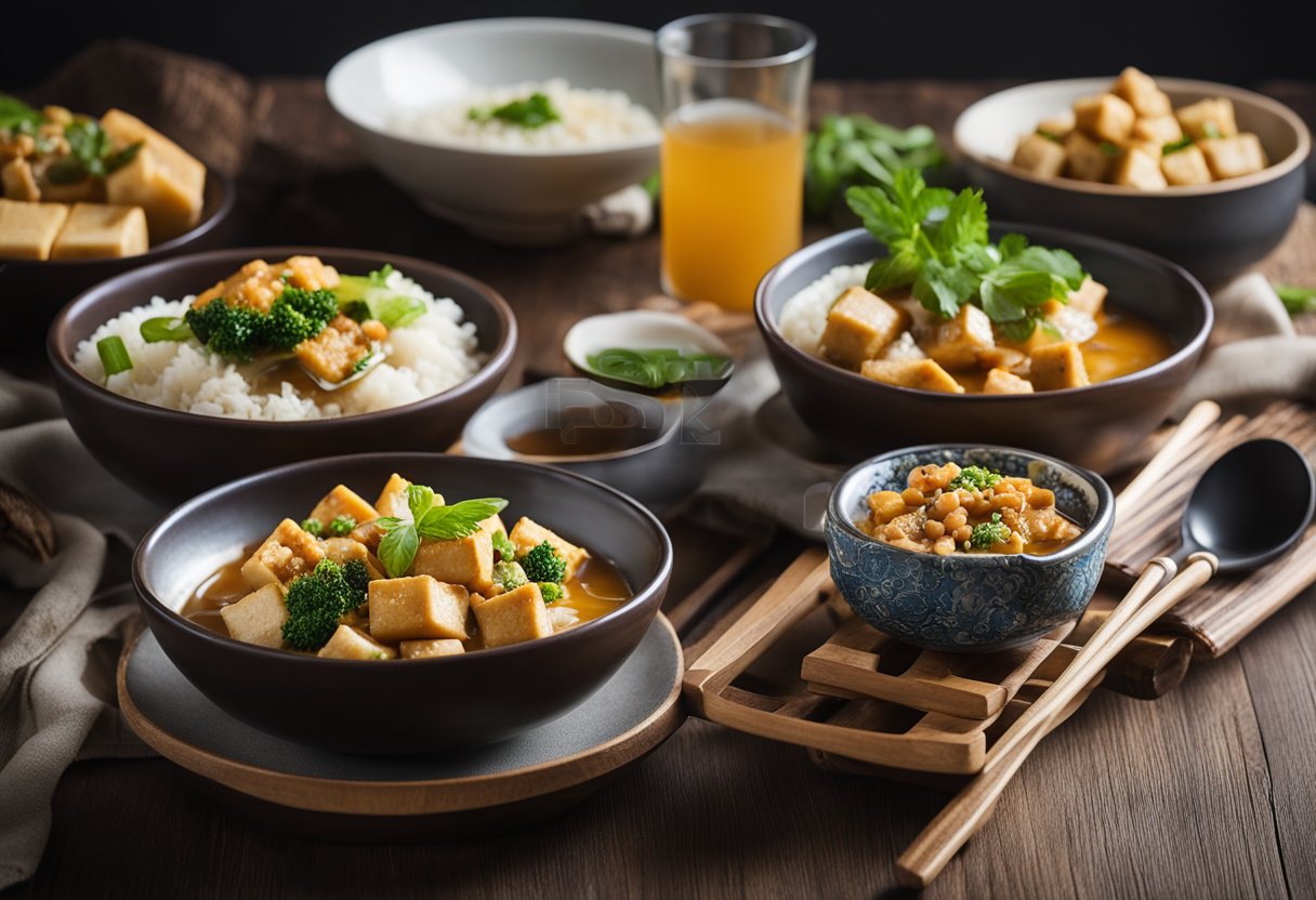 A table set with various popular vegetarian tofu dishes, including Chinese-inspired recipes