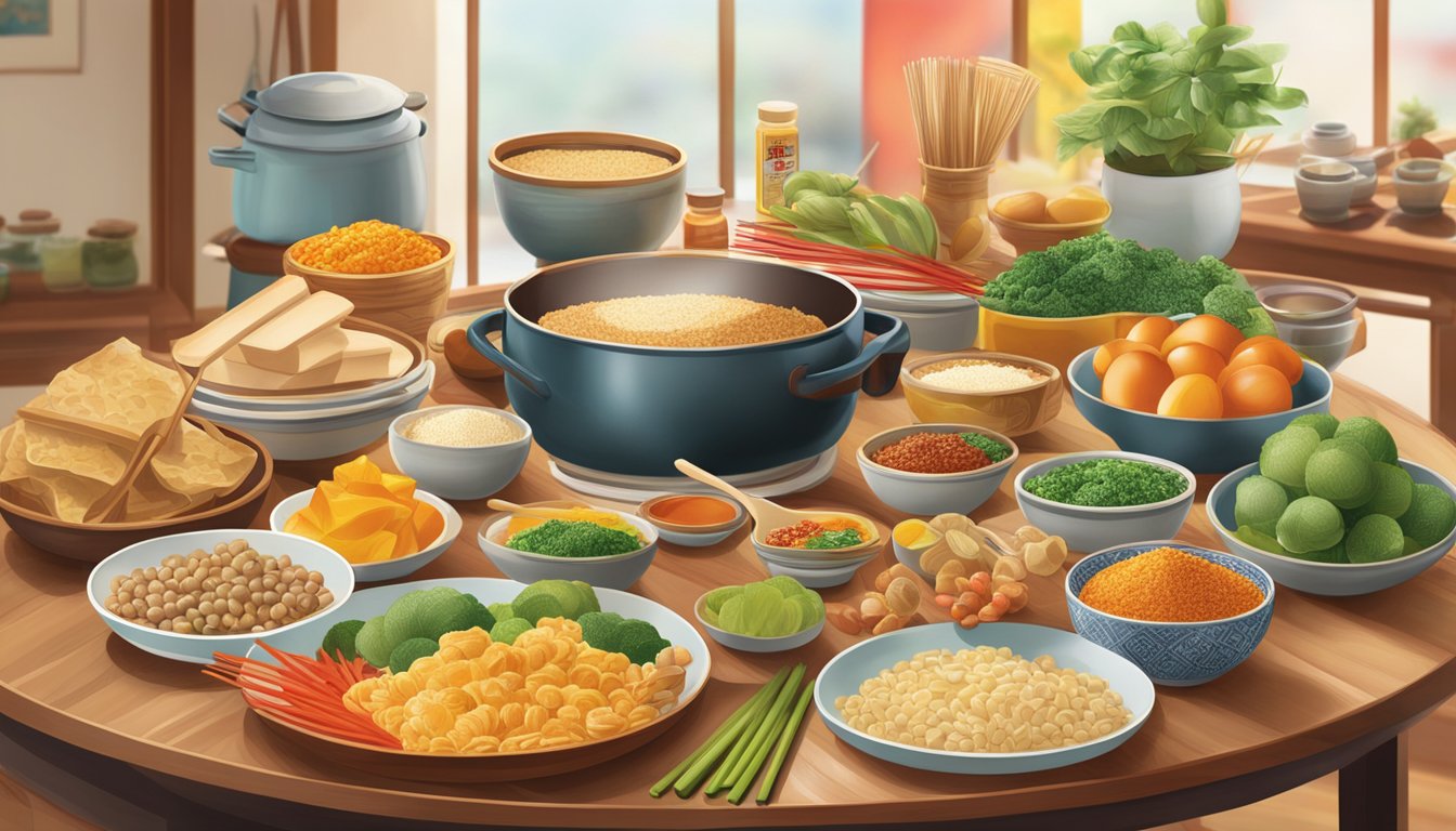 A table filled with various Lee Kum Kee products, surrounded by colorful ingredients and cooking utensils. Bright and inviting atmosphere