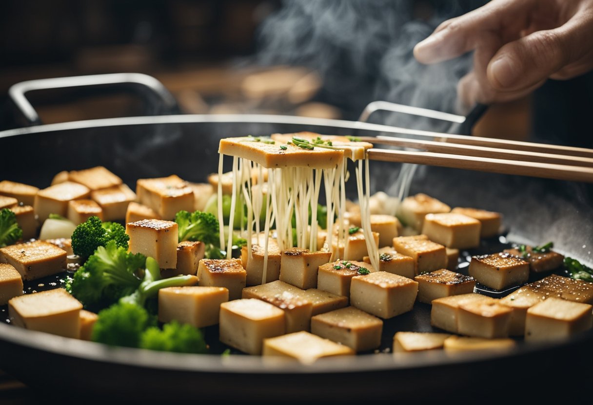 Sautéing tofu with garlic, ginger, and soy sauce in a wok. Chopping vegetables and adding to the stir-fry. Garnishing with sesame seeds and green onions