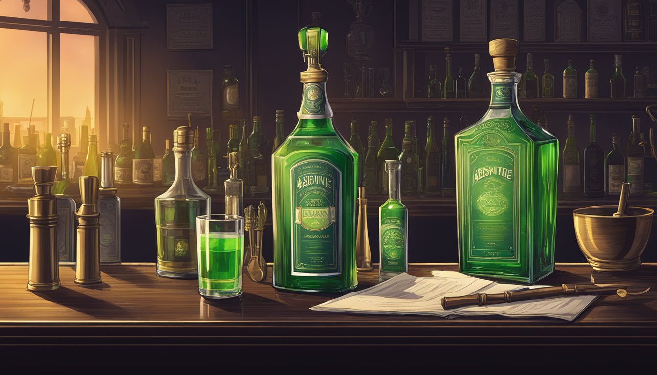 A bottle of absinthe sits on a sleek bar counter, surrounded by various bar tools and a menu. The room is dimly lit, with soft jazz music playing in the background