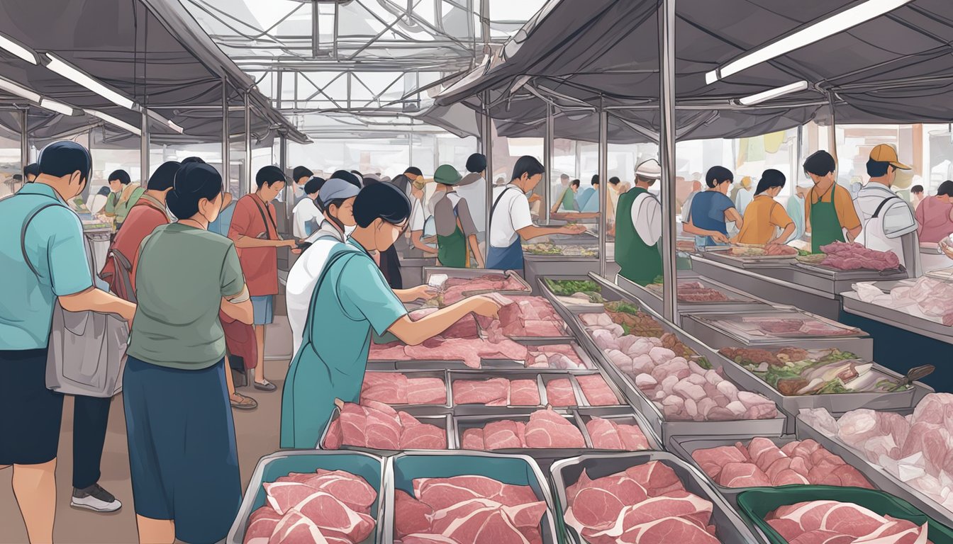 A bustling market stall displays fresh venison meat in Singapore. Customers browse the selection, while the vendor arranges cuts on ice