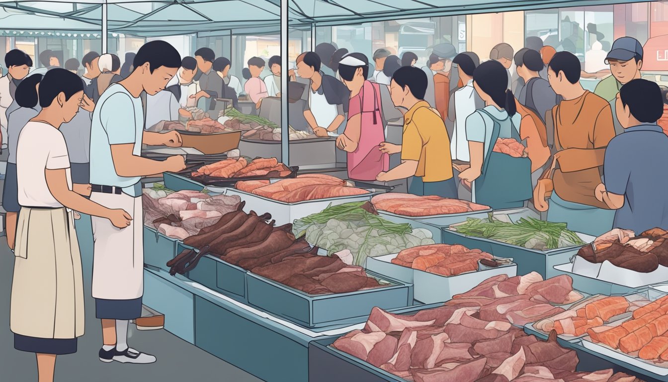 A bustling Singapore market stall displays fresh venison cuts on ice, surrounded by eager shoppers