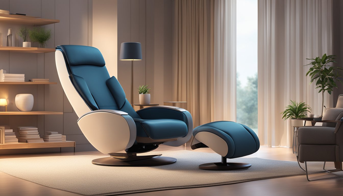 A cozy living room with a sleek, modern massage chair as the focal point. Soft lighting and a peaceful ambiance create a relaxing atmosphere