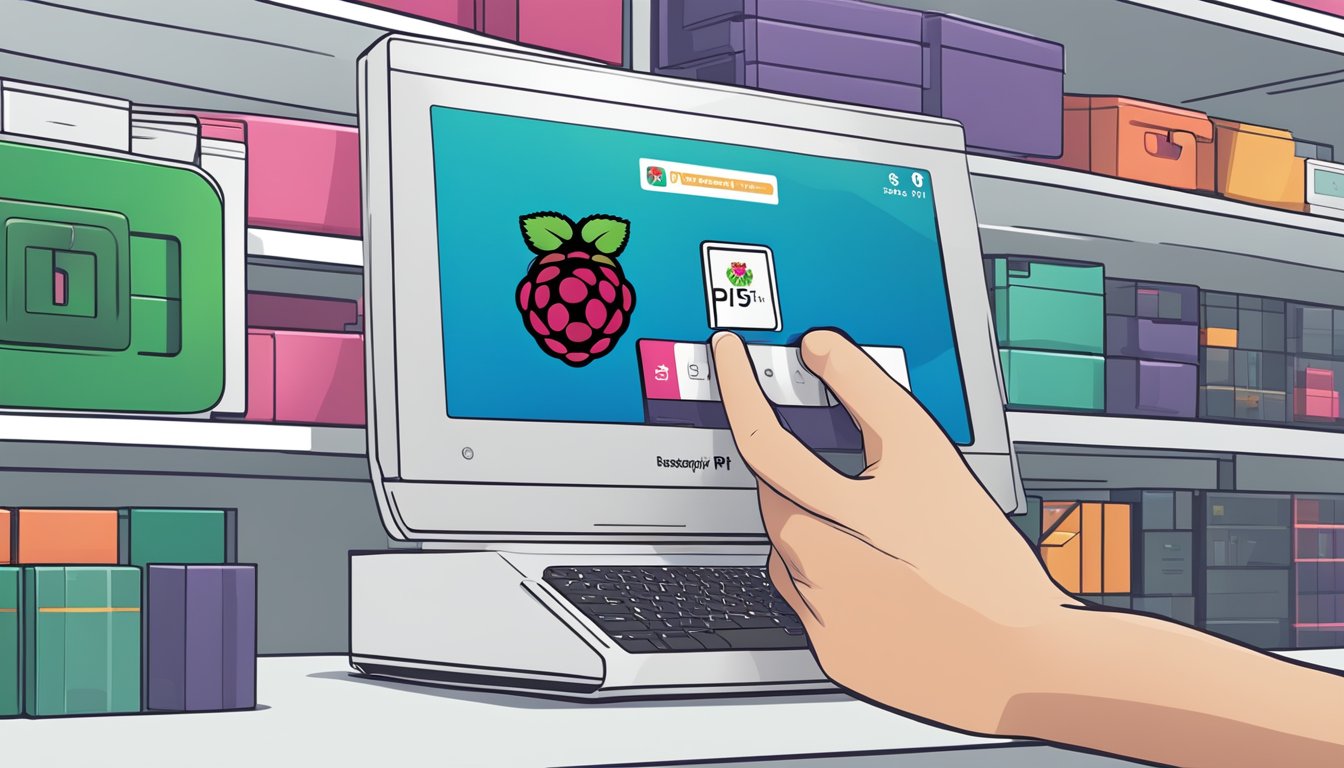 A hand reaches out to pick up the Raspberry Pi 3 Model B+ from a sleek, modern display in a Singapore electronics store